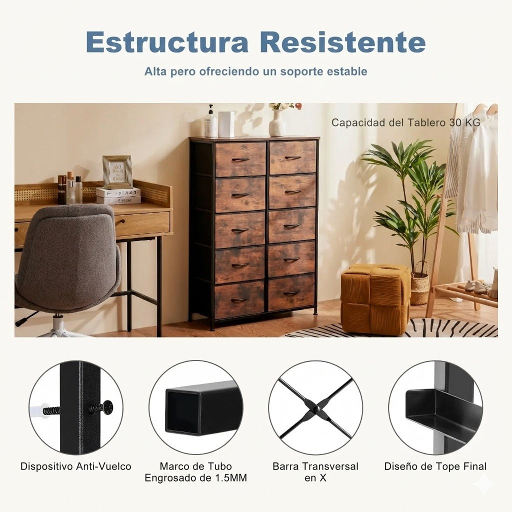 Cajonera Organizadora de Tela 10 Cajones ZUNMOS Marrón