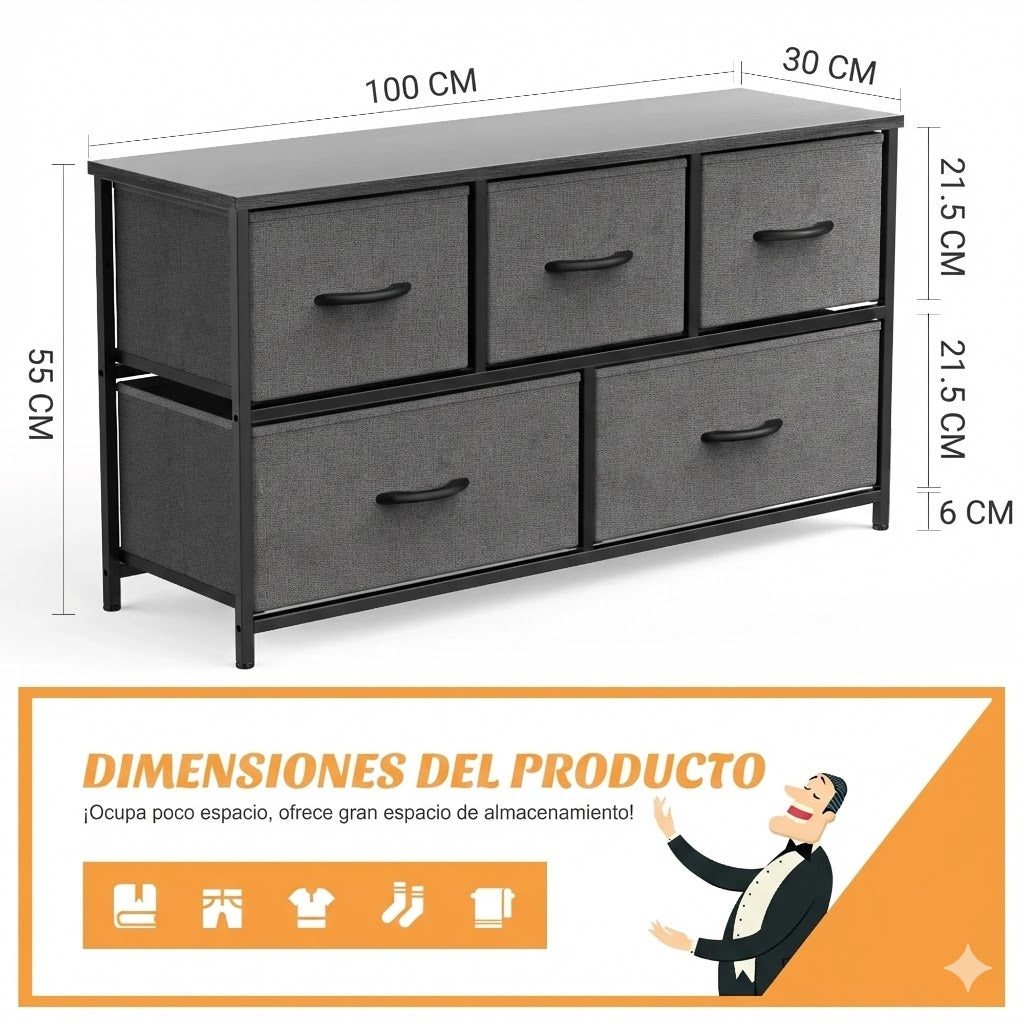 Cajonera Organizadora de Tela 5 Cajones ZUNMOS Gris