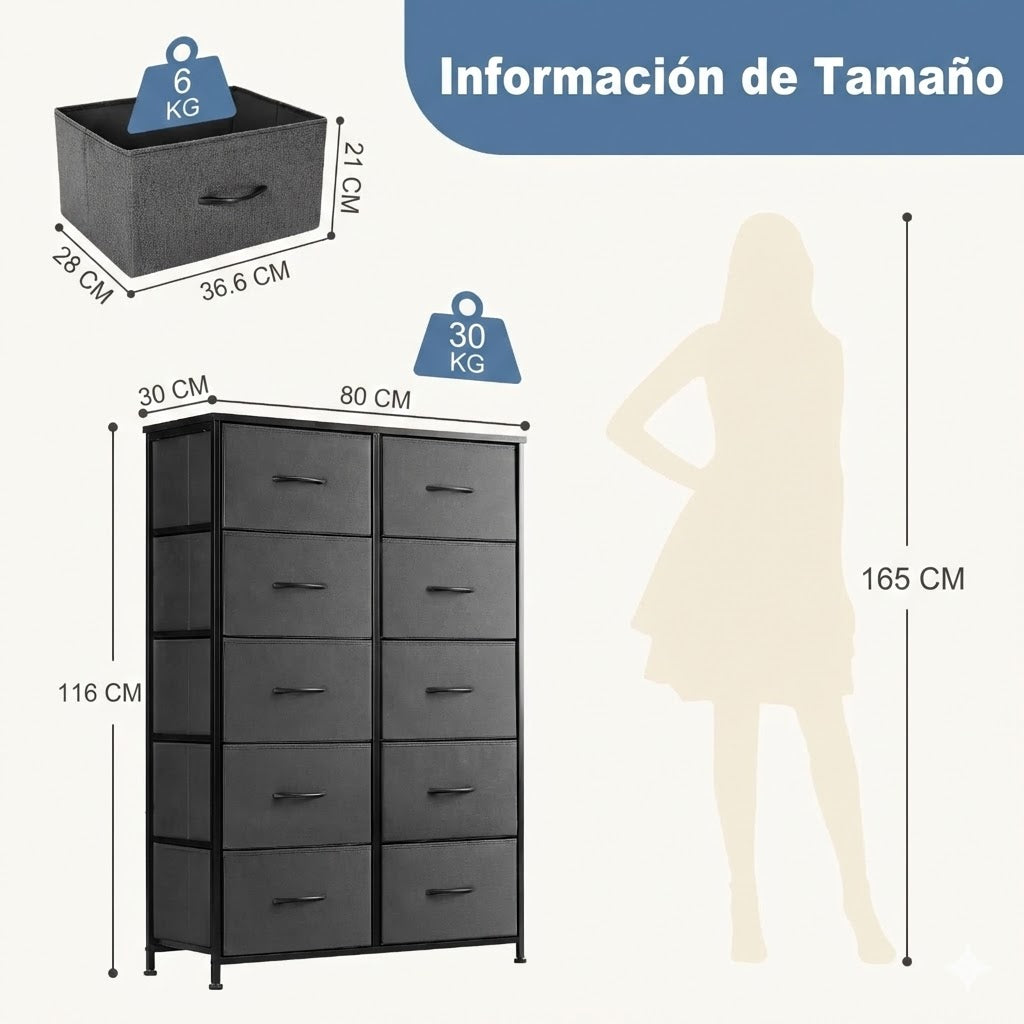 Cajonera Organizadora de Tela 10 Cajones ZUNMOS Gris