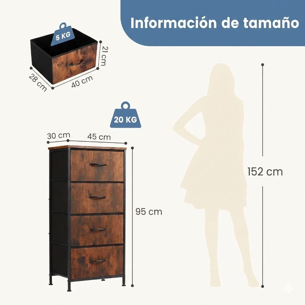 Cajonera Organizadora de Tela 4 Cajones ZUNMOS Marrón