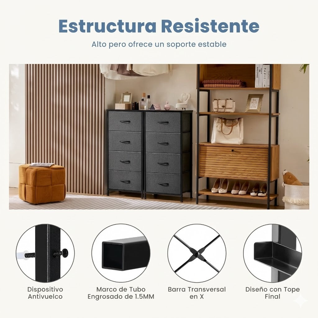 Cajonera Organizadora de Tela 4 Cajones ZUNMOS Gris